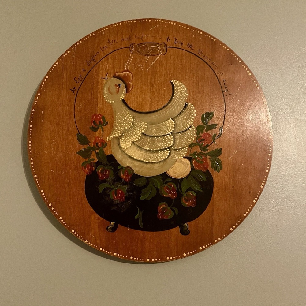Vintage Hand Painted Folk Art Chicken in Strawberries Wood Wall Decor